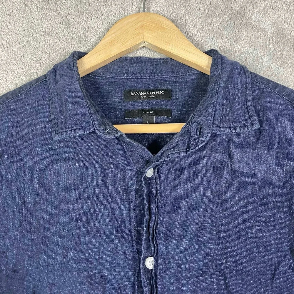 Banana Republic Button Down Shirt Mens Large Navy Blue 100% Linen Slim Fit